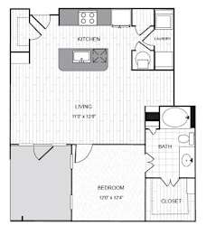 A floor plan of a small apartment with a kitchen, living room, bedroom, bathroom, and laundry room.