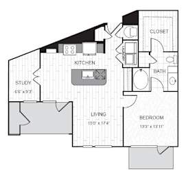 A floor plan of a house with a living room, bedroom, study, kitchen, and bathroom.
