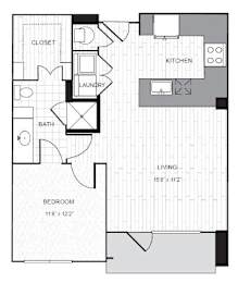 A floor plan of a living space with a bedroom, bathroom, laundry, and kitchen.