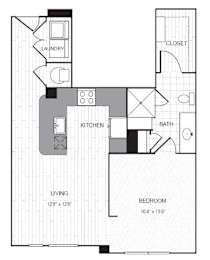 A floor plan of a small apartment with a living room, kitchen, bathroom, and bedroom.