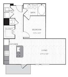 A floor plan of a small apartment with a bedroom, living room, kitchen, closet, and laundry area.