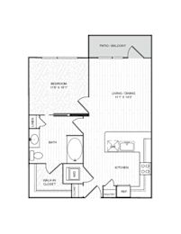 A floor plan of a home with a bedroom, bathroom, kitchen, living room, dining room, pantry, and walk-in closet.