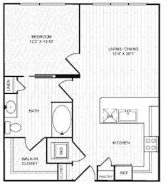 A black and white image of a floor plan for a home with a bedroom, living/dining area, kitchen, pantry, bathroom, and walk-in closet.