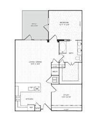 A floor plan of a house with a living room, dining room, kitchen, study, bedroom, bathroom, and balcony.