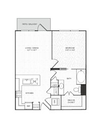 A floor plan of a home with a living room, dining room, kitchen, bathroom, and bedroom.