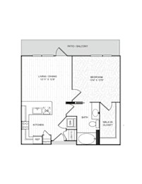 A floor plan of a small apartment with a living/dining area, kitchen, bathroom, bedroom, and walk-in closet.