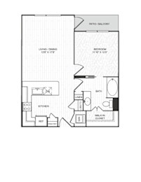 A floor plan of a home with a living room, dining room, kitchen, and bedroom.