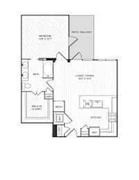 A black and white floor plan of a house with a bedroom, bathroom, living/dining area, kitchen, and pantry.