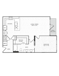 A floor plan of a house with a living room, dining room, kitchen, and bedroom.