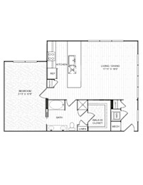 A floor plan of a small apartment with a bedroom, living room, and kitchen.