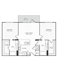 A black and white image of a house floor plan with a living room, dining room, kitchen, and two bedrooms.