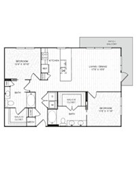 A floor plan of a house with a living room, dining room, kitchen, and two bedrooms.