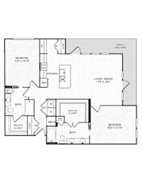 A floor plan of a house with a living room, dining room, kitchen, and two bedrooms.