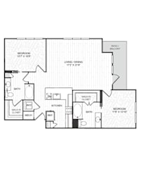 A floor plan of a home with a living area, dining area, kitchen, and two bedrooms.