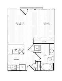 A black and white image of a floor plan for a small apartment.