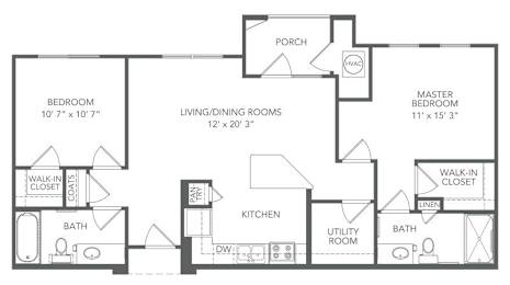 A black and white floor plan of a house with a porch, two bedrooms, a living/dining room, a kitchen, a utility room, a bath, and a walk-in closet.