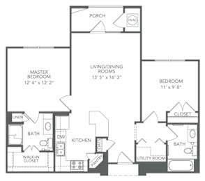 A black and white image of a house floor plan with a porch, two bedrooms, a living area, a kitchen, a bathroom, a utility room, and a pantry.
