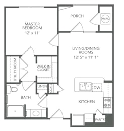 A floor plan of a house with a master bedroom, living/dining rooms, kitchen, bath, pantry, and utility room.