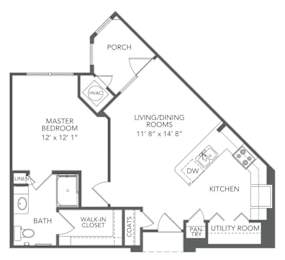 A black and white image of a house floor plan with a porch, master bedroom, living/dining rooms, kitchen, bath, walk-in closet, utility room, and pantry.
