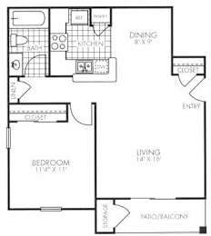 A floor plan of a small apartment with a living area, bedroom, and kitchen.