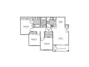 A floor plan of a house with three bedrooms and a garage.