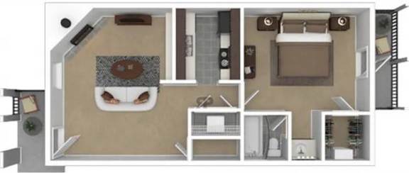 Floor Plan  A floor plan of a small apartment with a kitchen, living room, and bedroom.