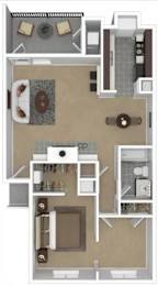 Floor Plan  A floor plan of a small apartment with a kitchen, living room, and bathroom.