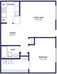 A floor plan of a small apartment with a living area, kitchen, dining space, bathroom, and bedroom.