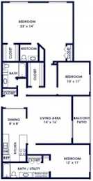 A black and white image of a floor plan for a two bedroom apartment.