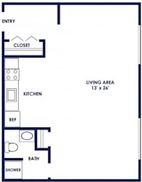 A floor plan of a small apartment with a living area, kitchen, bathroom, and closet.