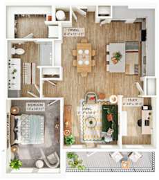 A floor plan of a small apartment with a bedroom, living room, kitchen, and study.