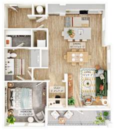 A floor plan of a small apartment with a bedroom, study, and dining area.