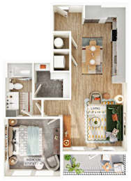 A living room with a bedroom and a bathroom are shown in this image.