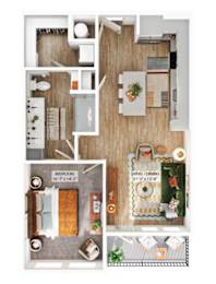 A floor plan of a small apartment with a living room, dining room, kitchen, and redroom.