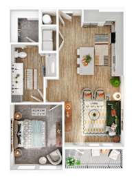 A floor plan of a small apartment with a living room, bedroom, and kitchen.