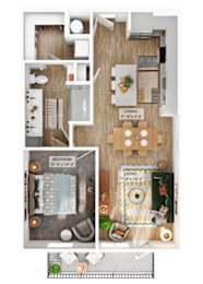 A floor plan of a small apartment with a bedroom, living room, and dining area.