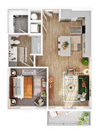A floor plan of a small apartment with a bedroom and living room.