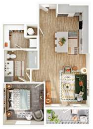 A floor plan of a small apartment with a bedroom, living room, and kitchen.