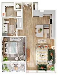 A floor plan of a small apartment with a bedroom and living room.