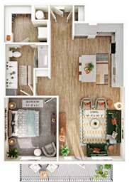 A floor plan of a bedroom with a bathroom and living room.