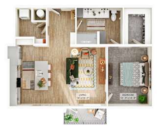 A floor plan of a small apartment with a living room, kitchen, and bedroom.
