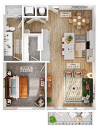 A floor plan of a small apartment with a bedroom, living room, and kitchen.