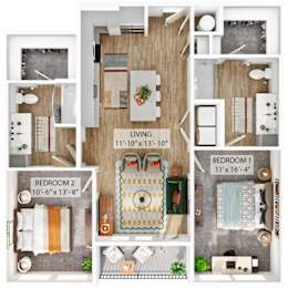 A floor plan of a house showing a living room, two bedrooms, a bathroom, and a kitchen.