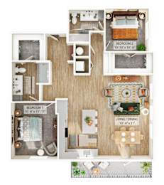 A floor plan of a small apartment with two bedrooms and a living/dining area.