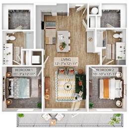 A floor plan of a living space with two bedrooms and a living room.