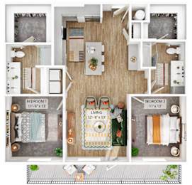 A floor plan of a two bedroom apartment with a living room in the middle.