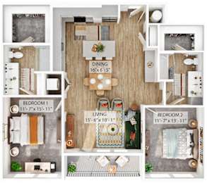 A floor plan of a small apartment with a living room, dining room, and two bedrooms.