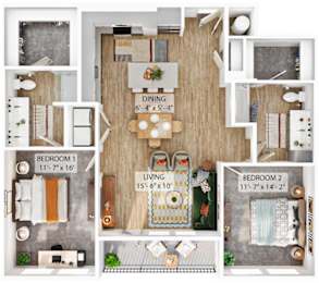 A floor plan of a house with a living room, two bedrooms, a dining room, and a kitchen.