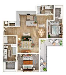 A floor plan of a house with three bedrooms and a living area.