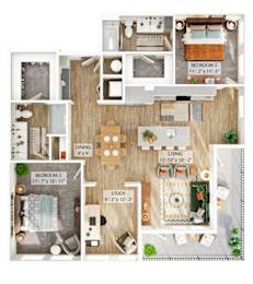 A floor plan of a small apartment with three bedrooms, a living room, a dining room, and a study.